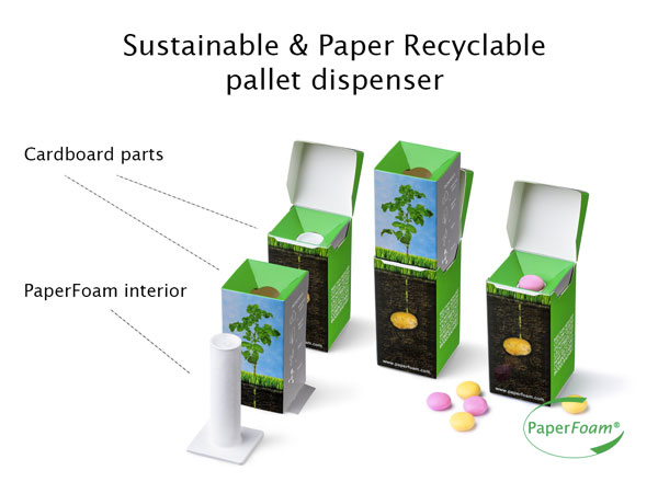Paper recyclable dispenser with PaperFoam tube inside.