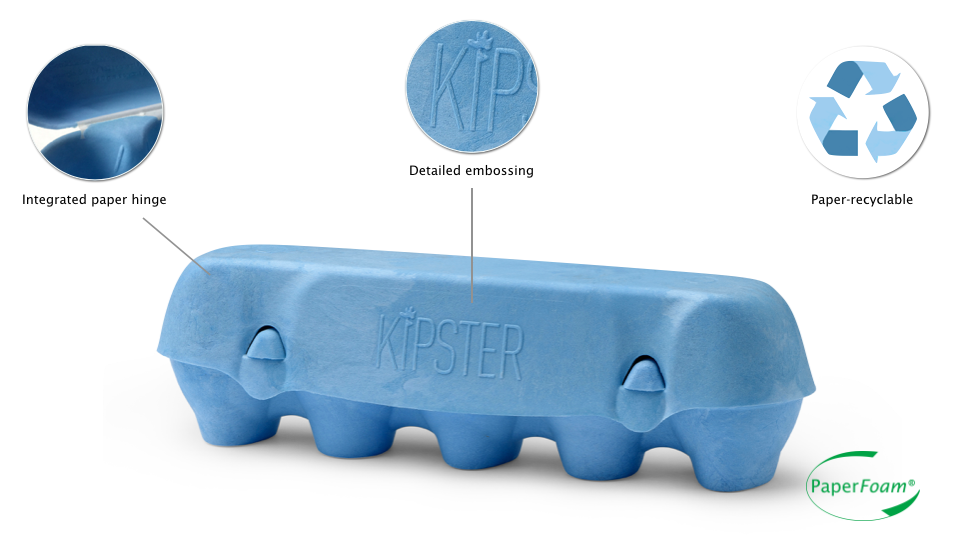 Kipster egg packaging by PaperFoam, with integrated paper hinge. No Plastics are used in the production of PaperFoam.