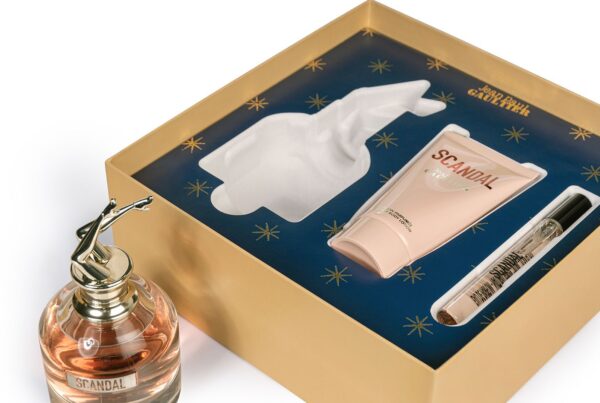 ean Paul Gaultier's Scandal Gift Set packaging with an elevated unboxing experience, combining luxurious aesthetics with sustainable innovation.